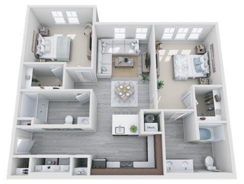 a 3d rendering of our 1 bedroom apartment at princeton court apartments in dallas